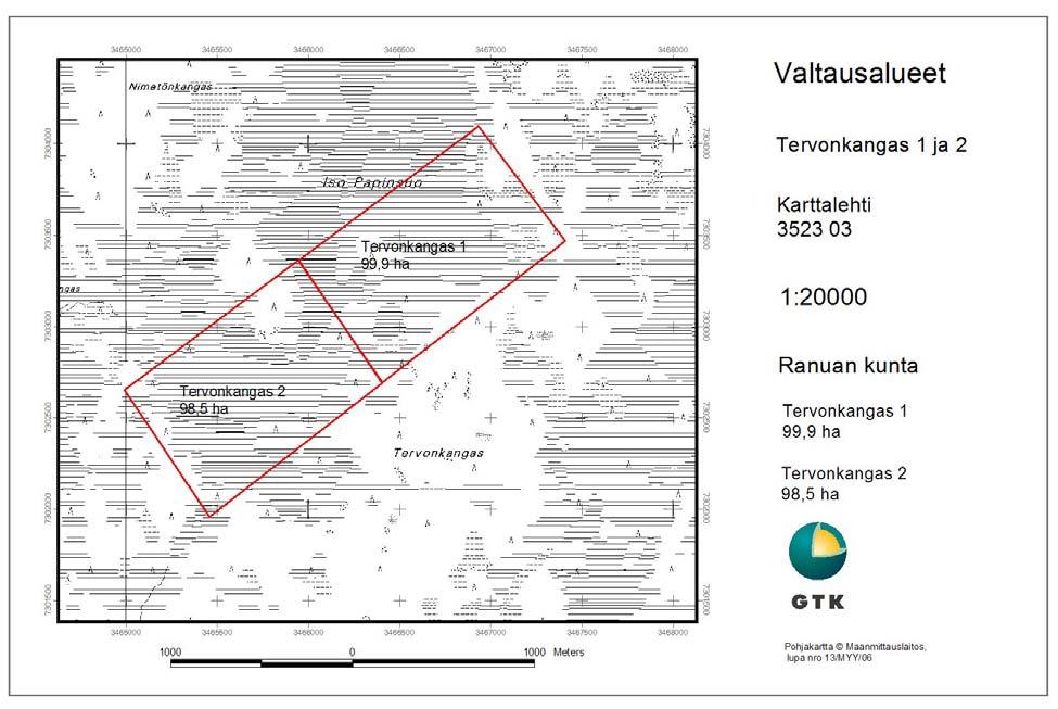 3 Kuva 1. Valtausalueiden Tervonkangas 1-2 sijanti. Fig. 1. Location of the claims Tervonkangas 1-2.