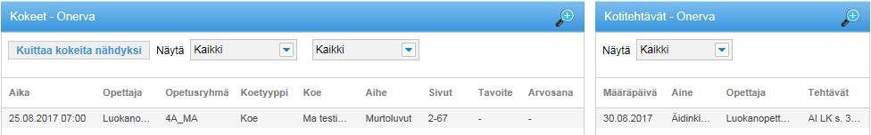 Opinnot Opinnot-välilehdellä tarkastellaan oppilaan arvosanoja, merkintöjä, kokeita sekä kotitehtäviä.