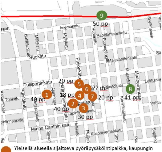 Kuopion kaupunki Loppuraportti 18 (20) Kuva 8. Suunnitelma Kuopion keskustan talvihoidettavista pyöräpysäköintipaikoista.