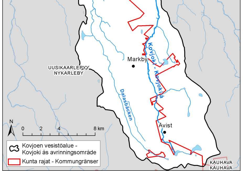 (Känsälä, 2010) Vesistöalue on kooltaan melko pieni ja muodoltaan pitkä ja kapea. Kovjoen valuma-alueen pinta-ala on 293 km 2 ja järvisyysprosentti on 0,66.