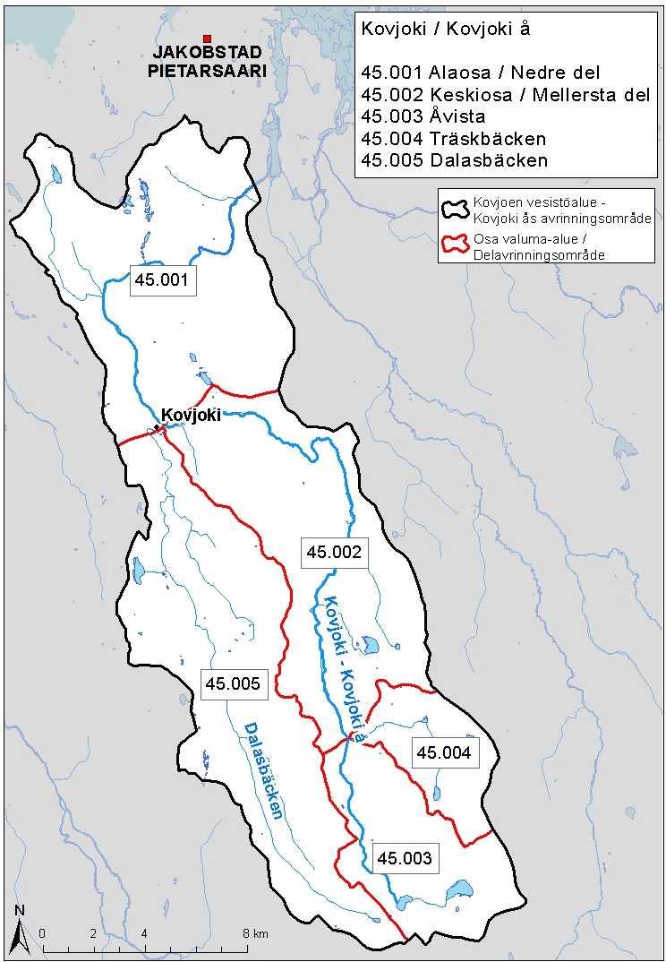 Kuva 3. Kovjoen vesistöalueen osavaluma-alueet.