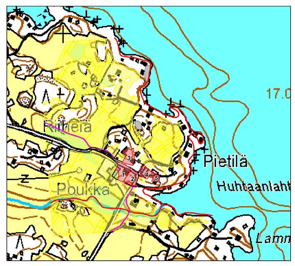 Kartta 9. Nokia Huhtaa (Huchtis), kylän tonttimaa ja lähiympäristö vuoden 1765 (C. Löfvendahl) kartan mukaan. Pohjakartta Maanmittauslaitos, PISA/020/2006. MK 1: 5000.