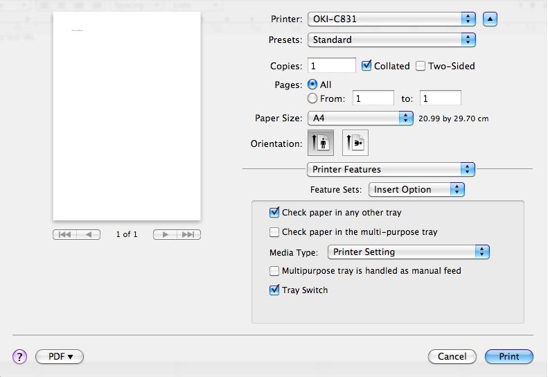 Mac OS X PS-tulostinajuri [Tulostimen toiminnot] (Printer Features) paneeli [Cover Page] (Cover Page) paneeli 1 Feature Sets (Feature Sets) Options (Options) Kuvaus Asettaa useita toimintoja.