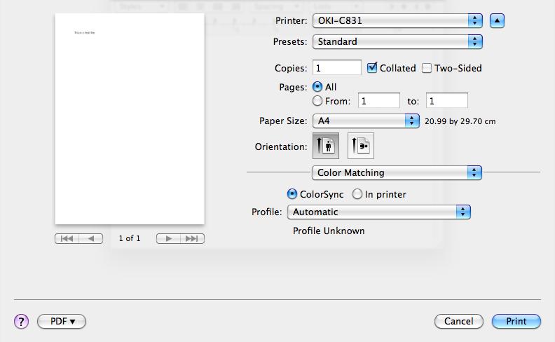 Värisynkr. (ColorSync) In printer (In printer) Profile (Profile) Kuvaus Asettaa ColorSync-toimintoja.