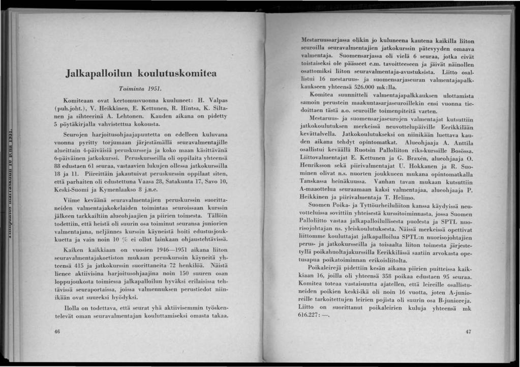 Jalkapalloilun koulutuskomitea Toiminta 1951. Komiteaan ovat kertomusvuonna kuuluneet: H. Valpas (puh.joht.), V. Heikkinen, E. Kettunen, R. Hintsa, K. Siltanen ja sihteerinä A. Lehtonen.