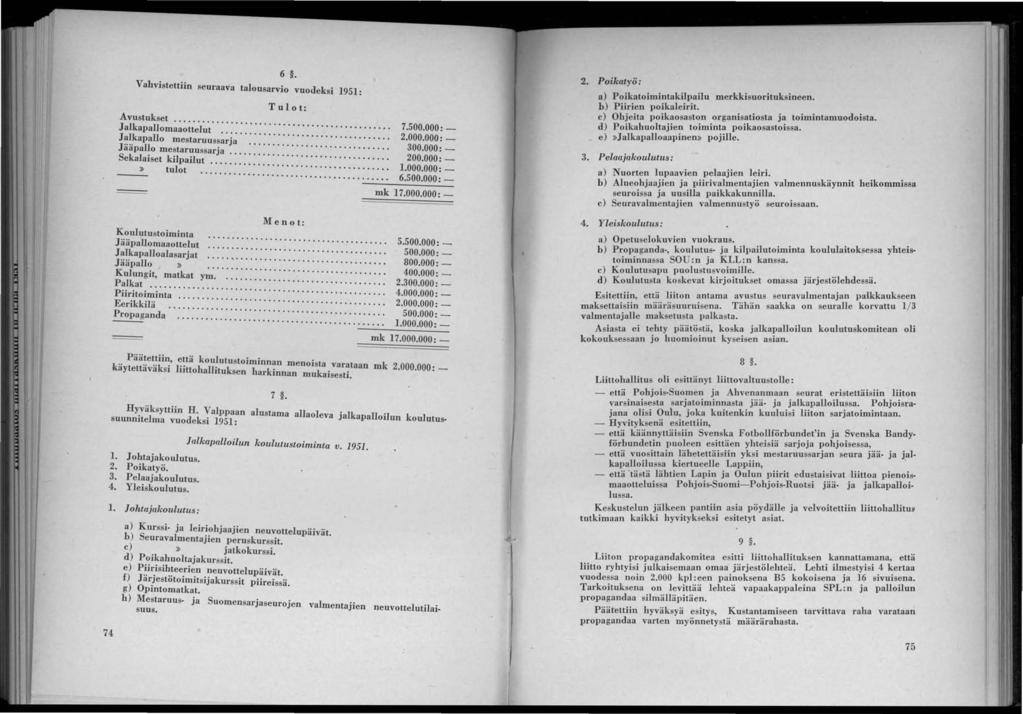 6. Vahvistettiin seuraava talousarvio vuodeksi 1951: Tulot: Avustukset J alkapallom;;e'l'.... J.kapallo mestaruussj"""""""""""""""" Jaapallo mestaruussarja............ ". '" ". Sekalaiset kilpailut.