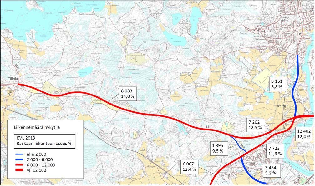 tierekisteri 2013 Valtatie 12 Valtatien 12 keskimääräinen vuorokausiliikenne Tillolan ja Keltin eritasoliittymän välillä on