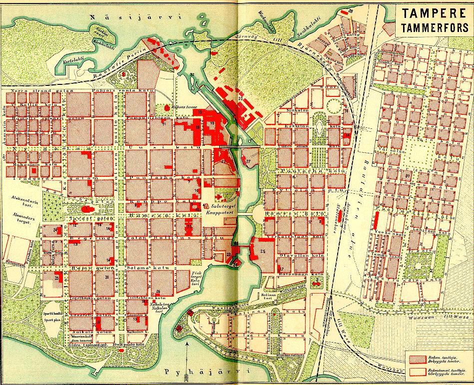 RAKENNETUN YMPÄRISTÖN SELVITYS: KORTTELI 186 Vasemmalla Suomen Matkailija Yhdistyksen Suomikartaston Tampere vuodelta 1902 ja oikealla näkymä kaupungin koillisosiin 1890
