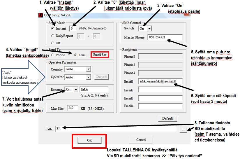 OK tallennuksen jälkeen asenna lopuksi SD muistikortti kameraan (kamera pois päältä = OFF). Kytke nyt kameraan virta asettamalla virtakytkin SETUP asentoon ja odota n.