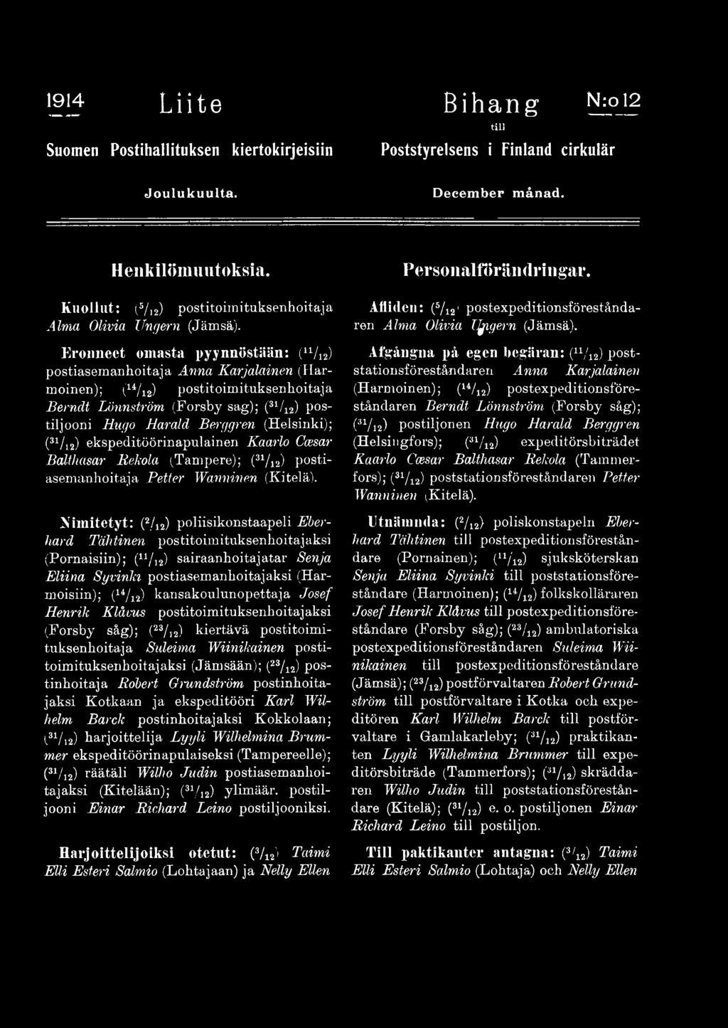 Eronneet omasta pyynnöstään: (11/12) postiasemanhoitaja Anna Karjalainen (Harmoinen); (14/i2) postitoimituksenhoitaja Berndt Lönnström (Forsby sag); (31/12) postiljooni Hugo Harald Berggren