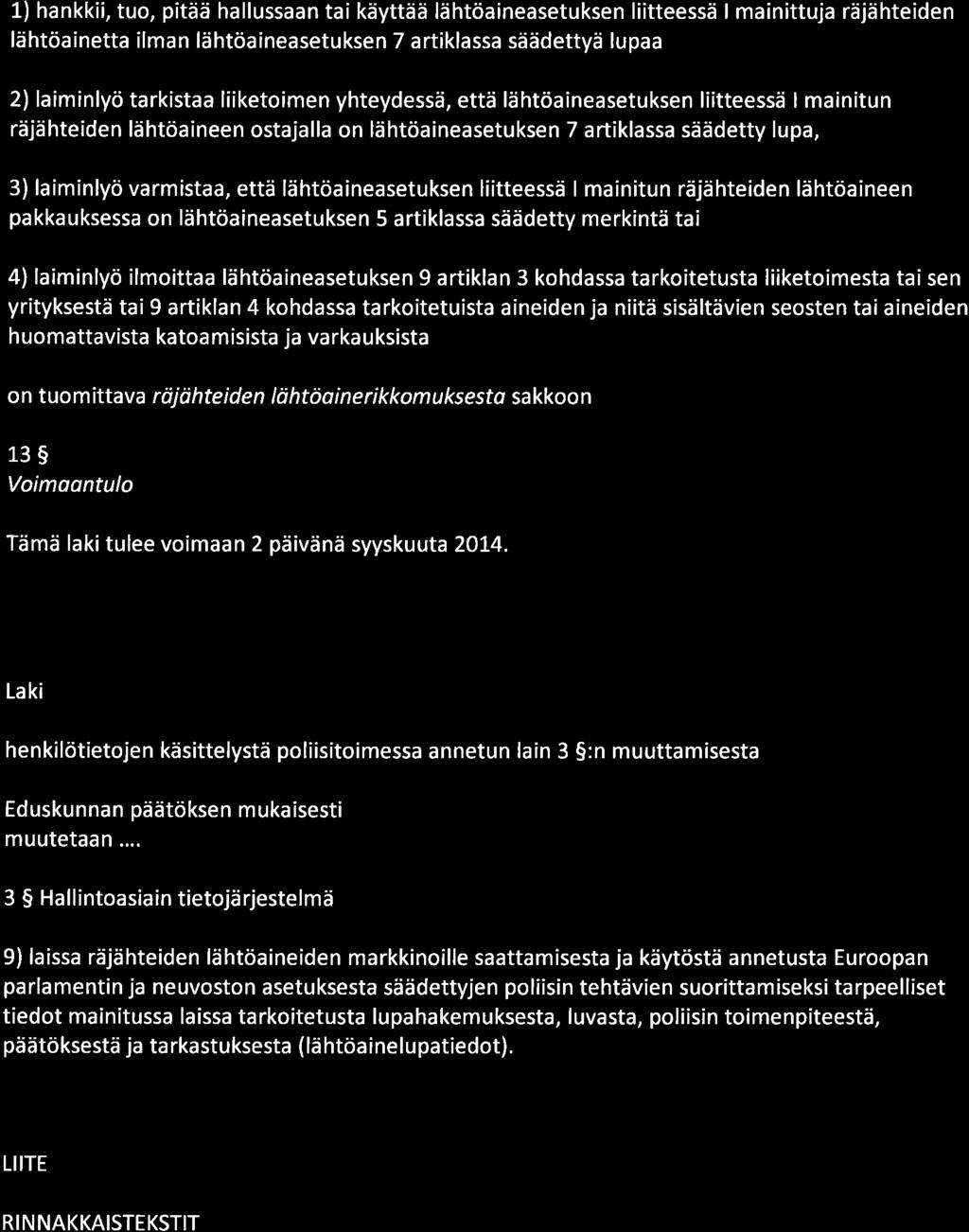 1) hankkii, tuo, pitää hallussaan tai käyttää lähtöaineasetuksen liitteessä I mainittuja räjähteiden lähtöainetta ilman lähtöaineasetuksen 7 artiklassa säädettyä lupaa 2) laiminlyö tarkistaa