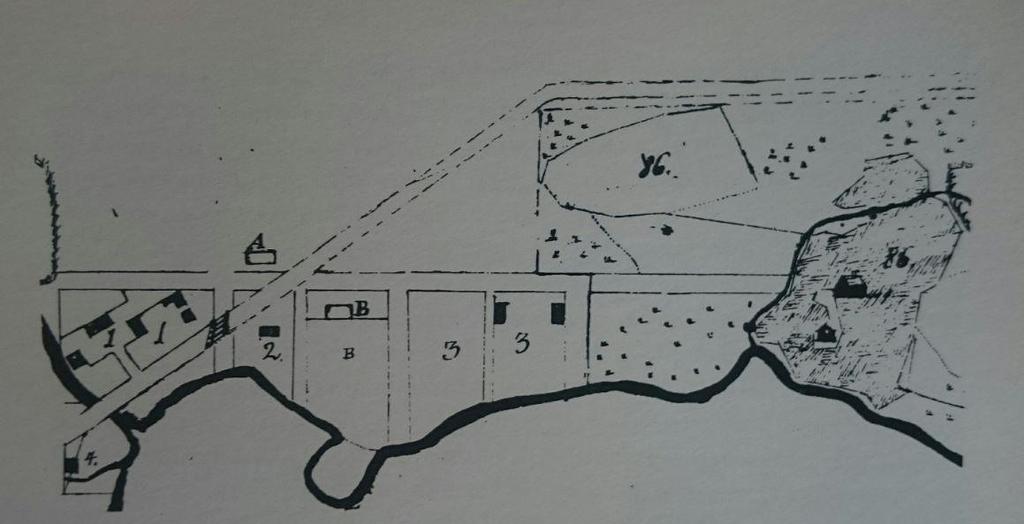 Kartta 4. Lahdentaka, eli Maljalahden pohjoisranta mittauspiirroksessa vuodelta 1811. Lähde: Lappalainen 1982, 397 (alkup. Kuopion Museo, N:o 2816, Die Plane der Stadt Kuopio im Jahre 1811 gemacht).
