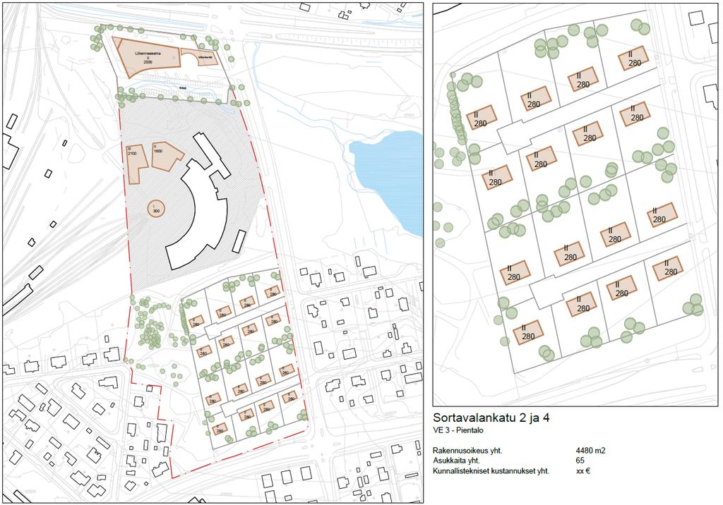 VE5 Pientalovaihtoehdossa alue jaetaan 16 pientalotontiksi, jotka sijaitsevat kahden rakennettavan tonttikadun varrella.