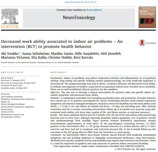 Yhteenveto: Työpaikan sisäilmaan liittyvään astmaan liittyi alentunut työkyky Sisäilmaan liittyvissä oireissa oli mukana epäspesifisiä oireita ilman lääketieteellistä selitystä Huolet vakavasta