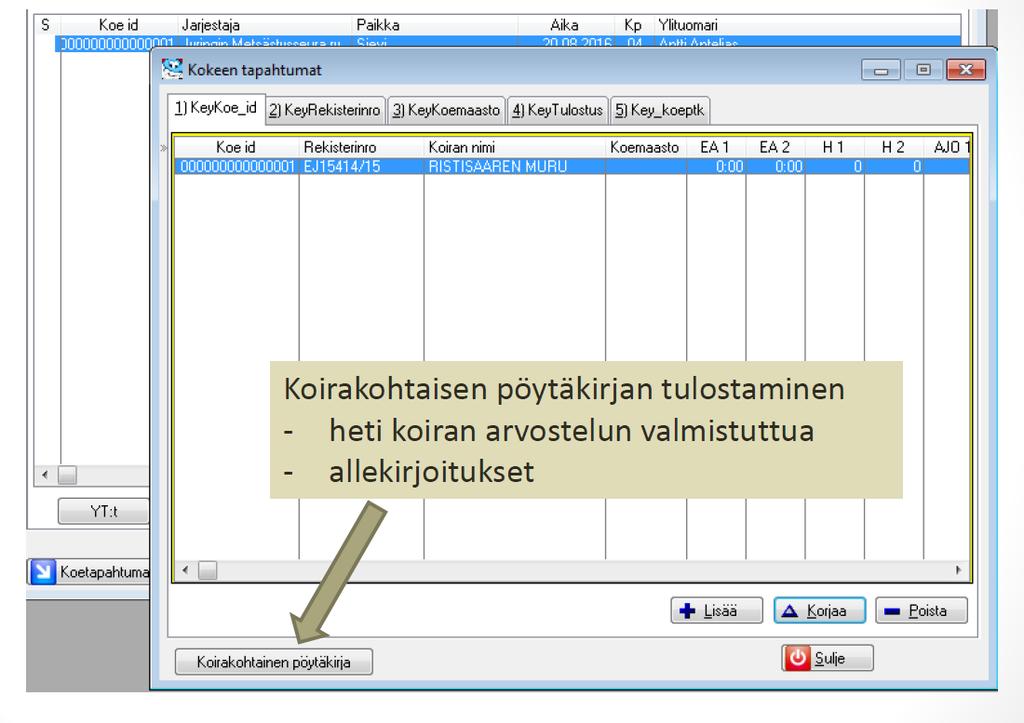 7. Koirakohtaisen pöytäkirjan tulostus 1. Tulostettavan koirakohtaisen pöytäkirjan koiran tulee olla valittuna luettelosta ja näkyä sinisellä. kts. kuva 2. Palkintotuomareiden allekirjoitukset 3.