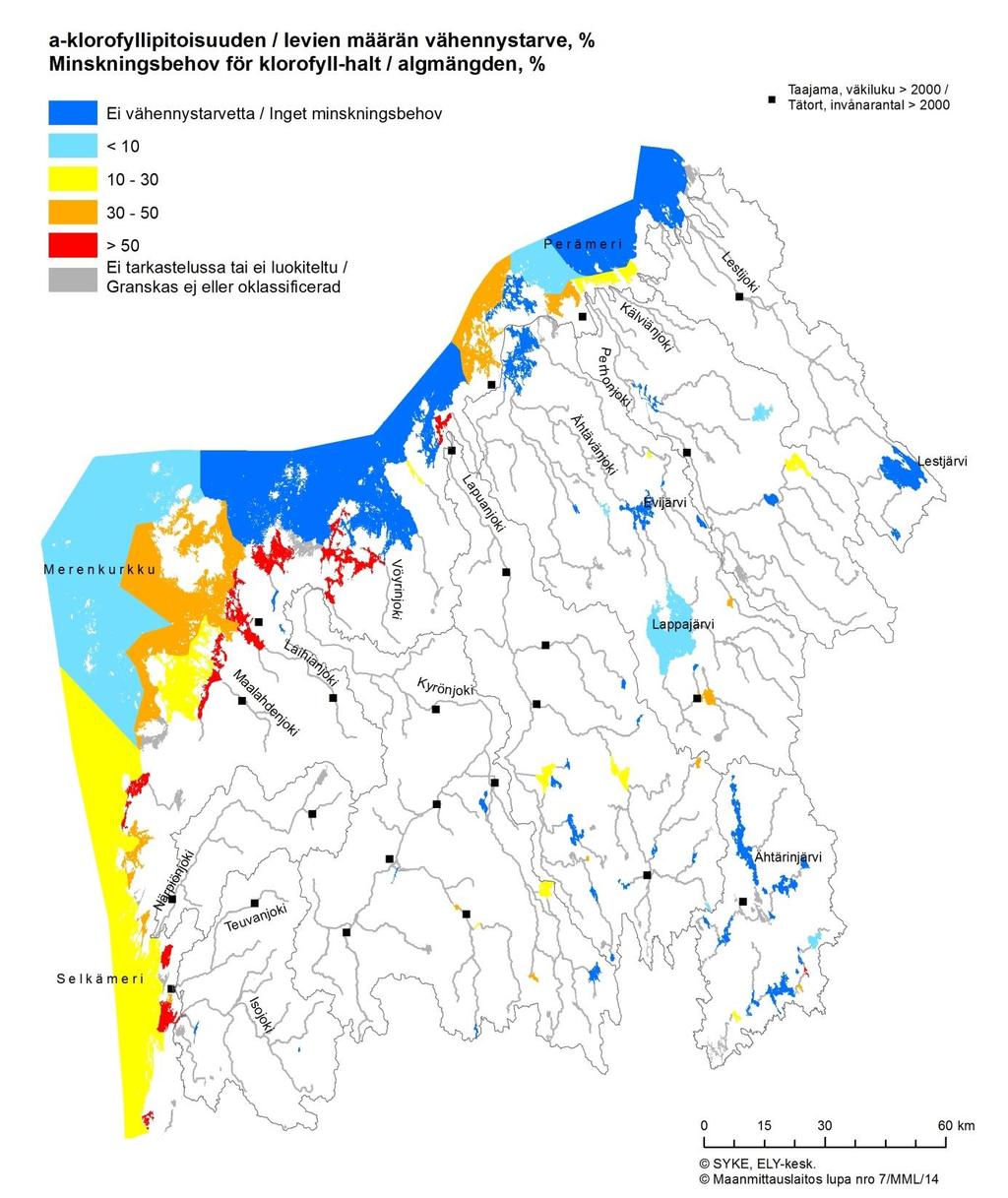 Kuva 7.3b. A-klorofyllin vähentämistarve Etelä-Pohjanmaan ELY-keskuksen alueella. 7.3.1 Jokien tilatavoitteet Muutamassa alueen joessa hyvä tila on jo saavutettu, vaikka se saattaakin olla uhattuna.