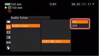 1.Paina<MENU>9painiketta. 2.Valitse[AudioSetup/Ääniasetukset]9>[AudioInput/Audiotulo]9>[XLR1MicAtt./XLR19mikrofonin vaimennin]tai[xlr2micatt./xlr29mikrofoninvaimennin]tässäjärjestyksessä. 3.
