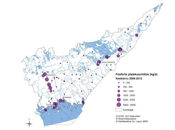 Kuva 30. Fosforin pistekuormitus Kaakkois-Suomen alueella vuosina 2006-2012. Lähde: VAHTI-rekisteri, Kaakkois-Suomen ELY-keskus, 2016.