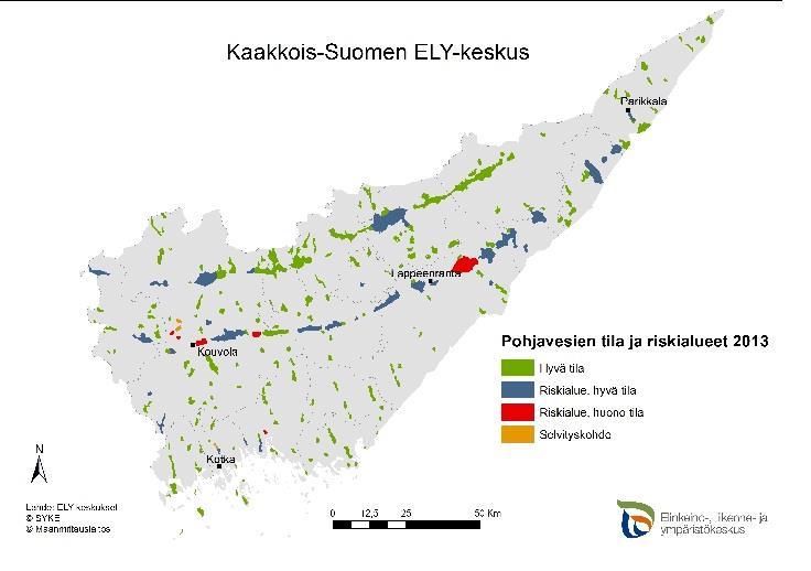 Kuva 59. Kaakkois-Suomen pohjavesien tila ja riskialueet 2013. Lähde: Kaakkois-Suomen ELY-keskus, 2016.