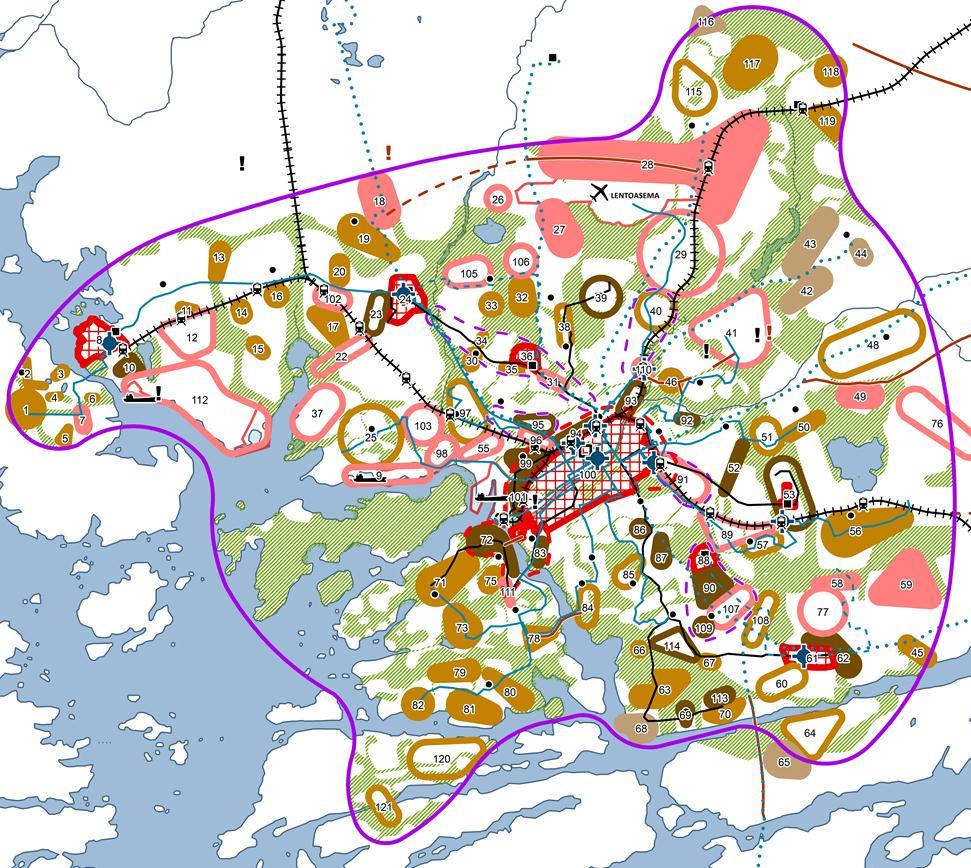 Ydinkaupunkialuerajauksen tarkentuminen kaupunkikehittämisen kohdealueeksi ja satelliiteiksi Kuva 20.