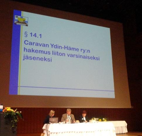 Haimme liiton jäsenyyttä Caravan Ydin-Häme ry nimellä; toukokuussa 2012 Rovaniemen liittokokous vahvisti jäsenyytemme liiton suuressa perheessä ja saimme oikeuden SF-etuliitteeseen.