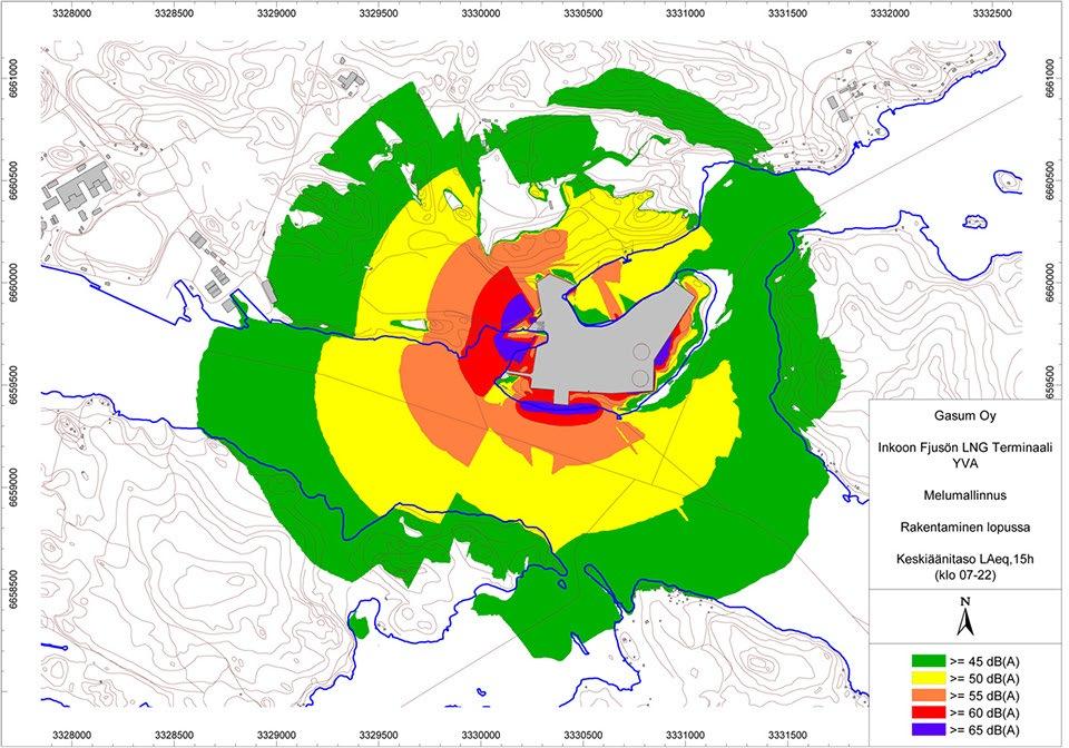 Finngulf LNG LNG-terminaali Inkooseen Kuva 57. Melutilanne rakentamisen loppuvaiheessa. (Lähde: Pöyry Finland Oy 2014b).