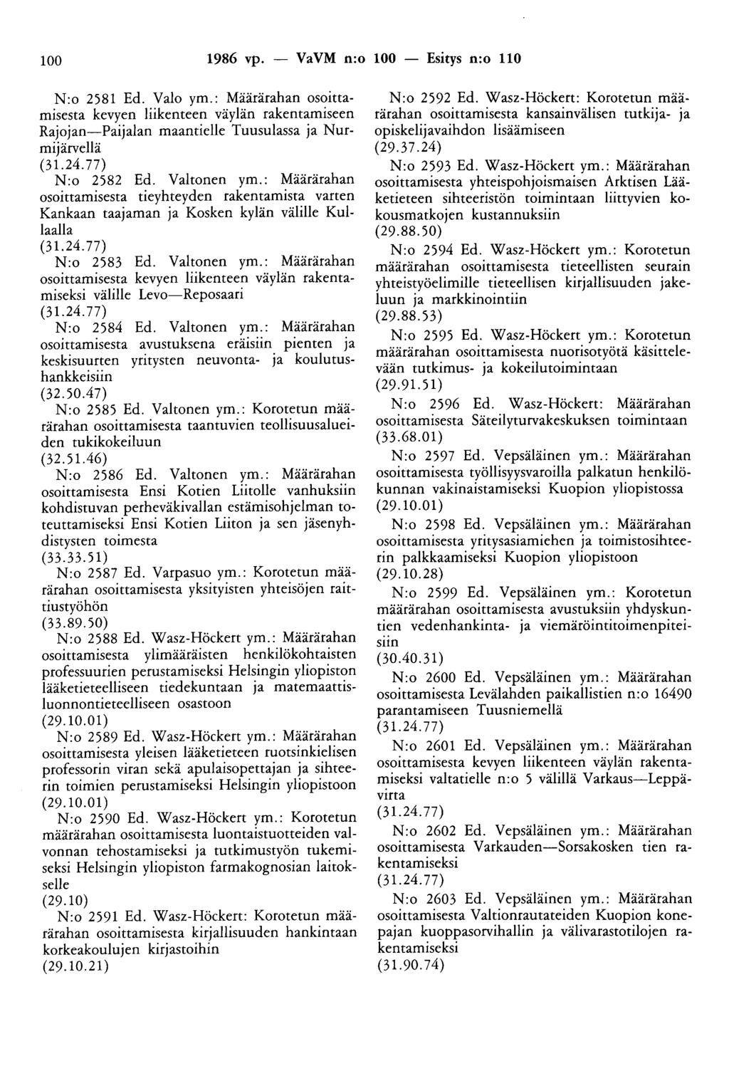 100 1986 vp. - VaVM n:o 100 - Esitys n:o 110 N:o 2581 Ed. Valo ym.