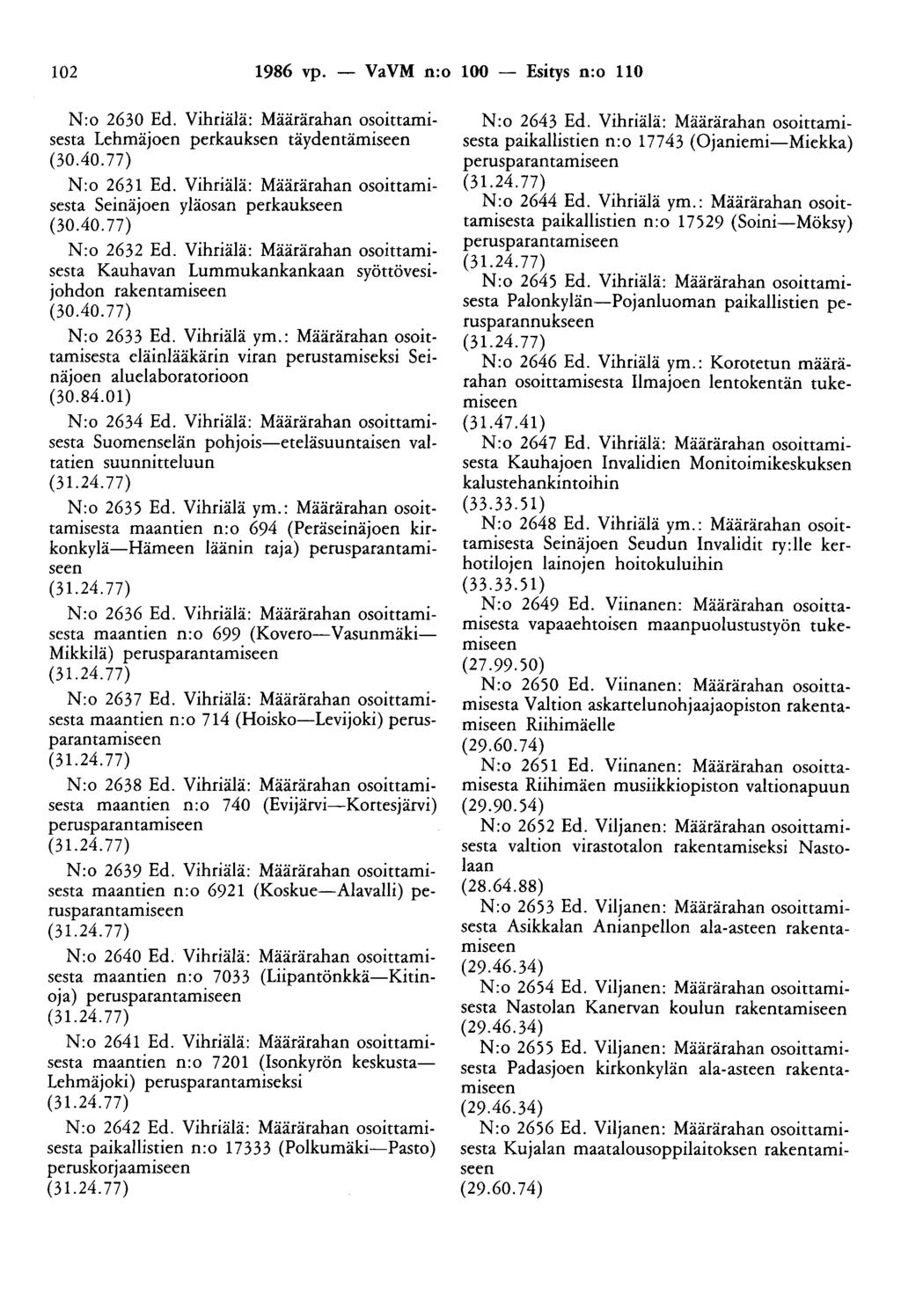 102 1986 vp. - VaVM n:o 100 - Esitys n:o 110 N:o 2630 Ed. Vihriälä: Määrärahan osoittamisesta Lehmäjoen perkauksen täydentämiseen (30.40. 77) N:o 2631 Ed.