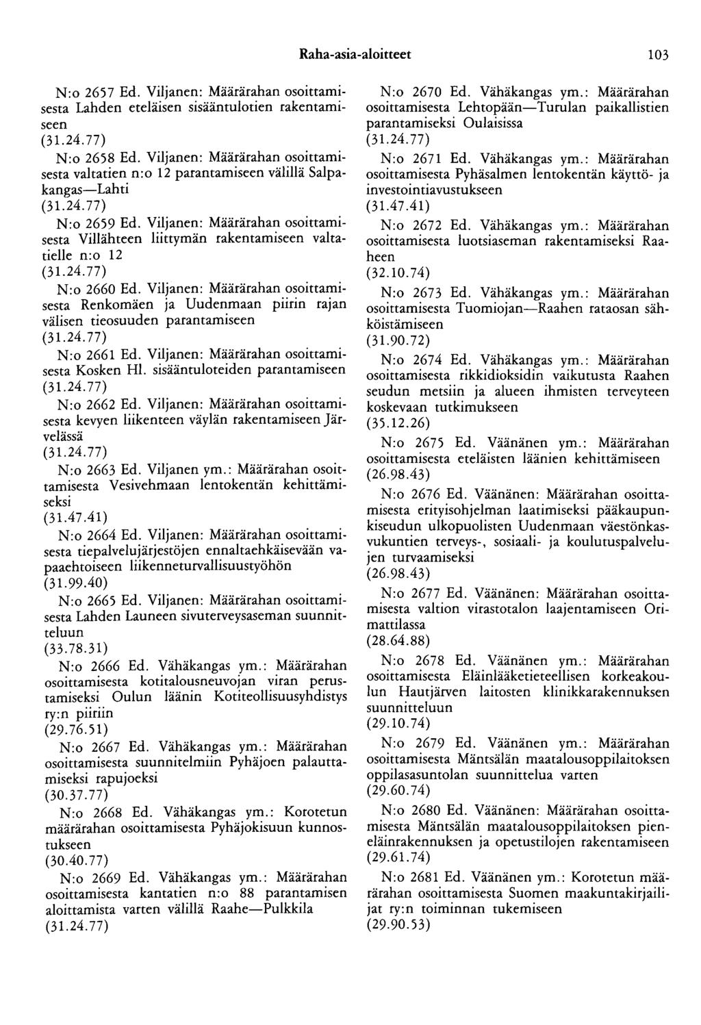 Raha -asia -aloitteet 103 N:o 2657 Ed. Viljanen: Määrärahan osoittamisesta Lahden eteläisen sisääntulotien rakentamiseen N:o 2658 Ed.