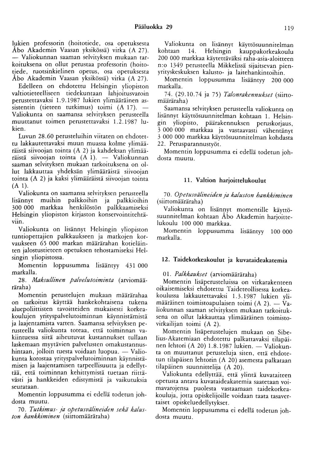 Pääluokka 29 119 lukien professorin (hoitotiede, osa opetuksesta Åbo Akademin Vaasan yksikössä) virka (A 27).