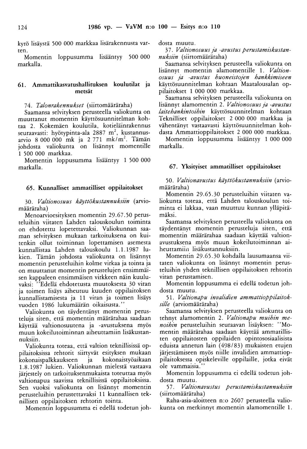 124 1986 vpo - VaVM n:o 100 - Esitys n:o 110 kyrö lisäystä 500 000 markkaa lisärakennusta varten. Momentin loppusumma lisääntyy 500 000 markalla. 61.