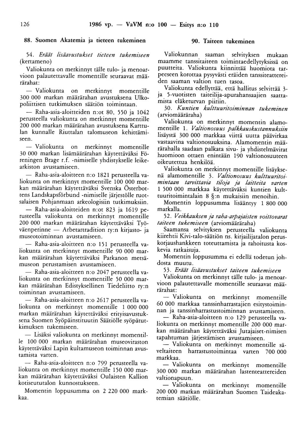 126 1986 vp. - VaVM n:o 100 - Esitys n:o 110 88. Suomen Akatemia Ja tieteen tukeminen 54.