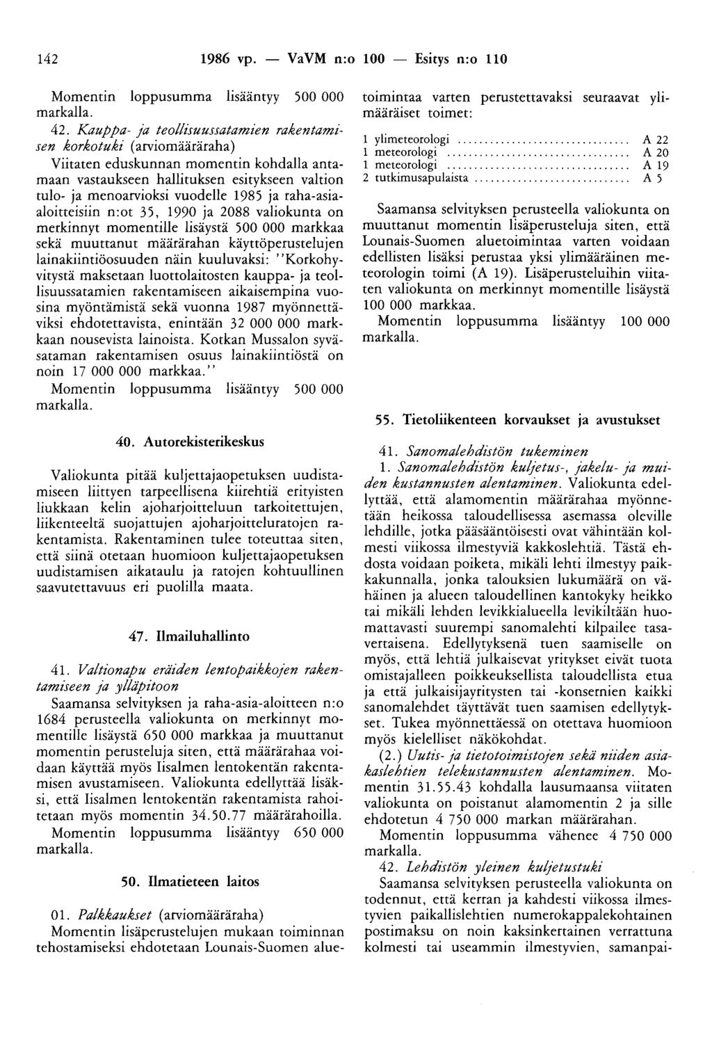 142 1986 vp. - VaVM n:o 100 - Esitys n:o 110 Momentin loppusumma lisääntyy 500 000 toimintaa varten perustettavaksi seuraavat ylimarkalla. määräiset toimet: 42.