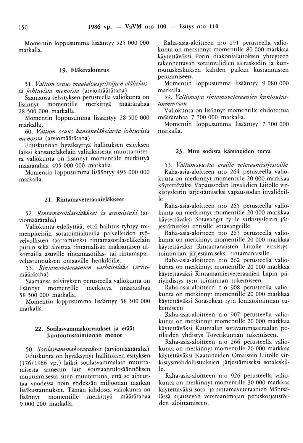 150 1986 vp. - VaVM n:o 100 - Esitys n:o 110 Momentin loppusumma lisääntyy 525 000 000 markalla. 19. Eläkevakuutus 51.