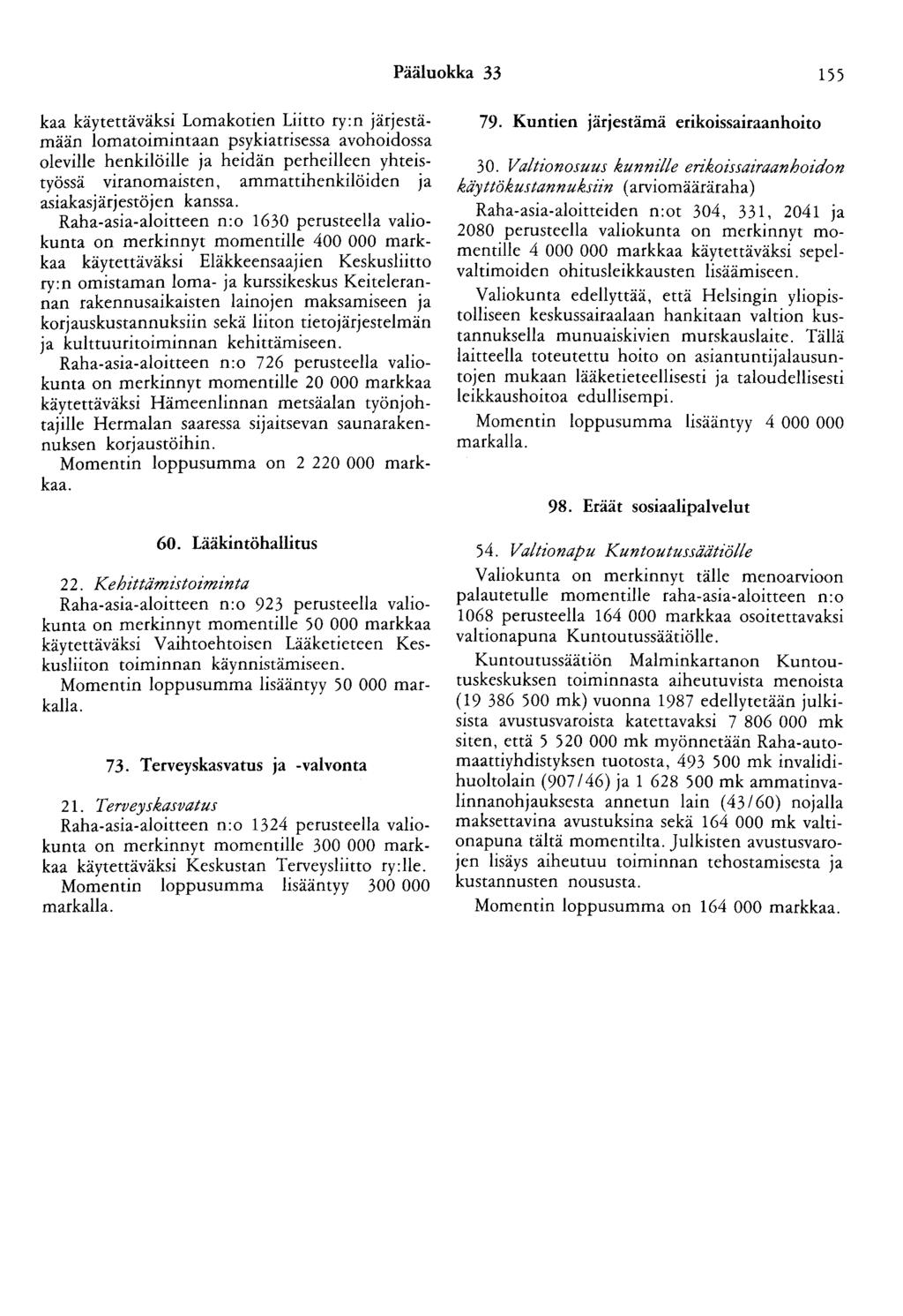 Pääluokka 33 155 kaa käytettäväksi Lomakotien Liitto ry:n järjestämään lomatoimintaan psykiatrisessa avohoidossa oleville henkilöille ja heidän perheilleen yhteistyössä viranomaisten,