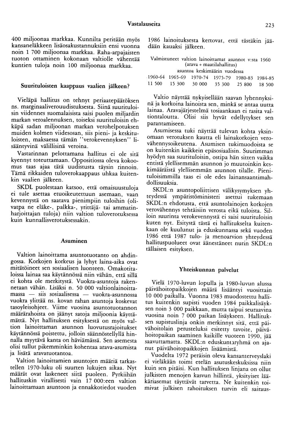 Vastalauseita 223 400 miljoonaa markkaa. Kunnilta peritään myös kansaneläkkeen lisäosakustannuksiin ensi vuonna noin 1 700 miljoonaa markkaa.
