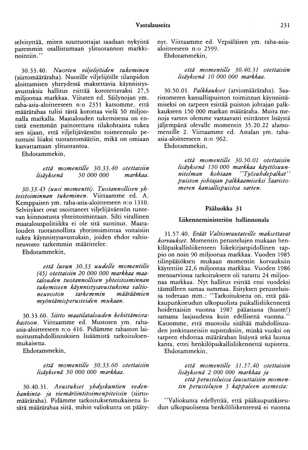 Vastalauseita 231 selvitytt~ä, miten suurtuottajat saadaan nykyistä paremmm osallistumaan ylituotannon markkinointiin.'' 30.33.40. Nuorten vi!jeltjöiden tukeminen (siirtomääräraha).