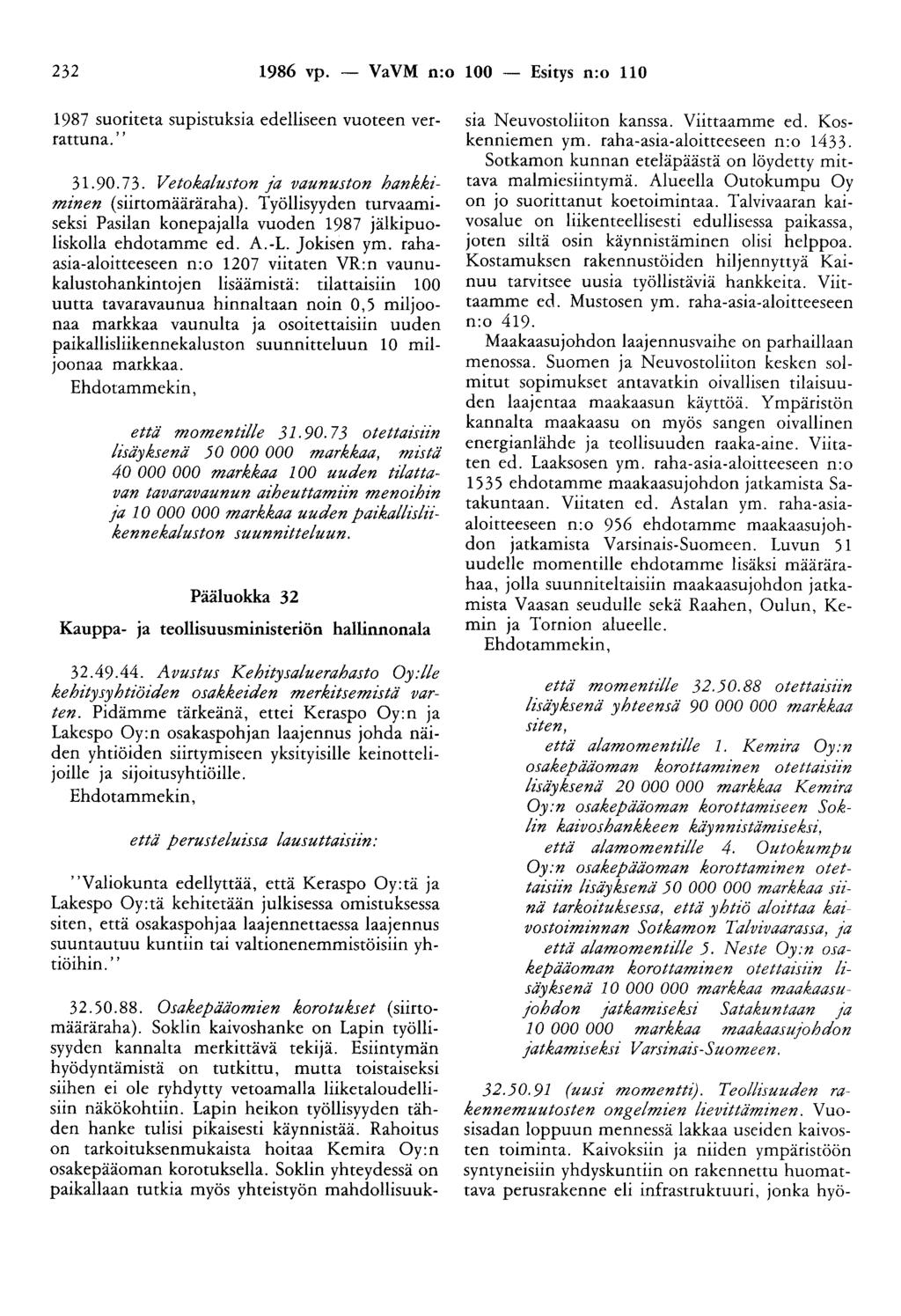 232 1986 vp. - VaVM n:o 100 - Esitys n:o 110 1987 suoriteta supistuksia edelliseen vuoteen verrattuna.'' 31.90. 7 3. Vetokaluston ja vaunuston hankkiminen (siirtomääräraha).