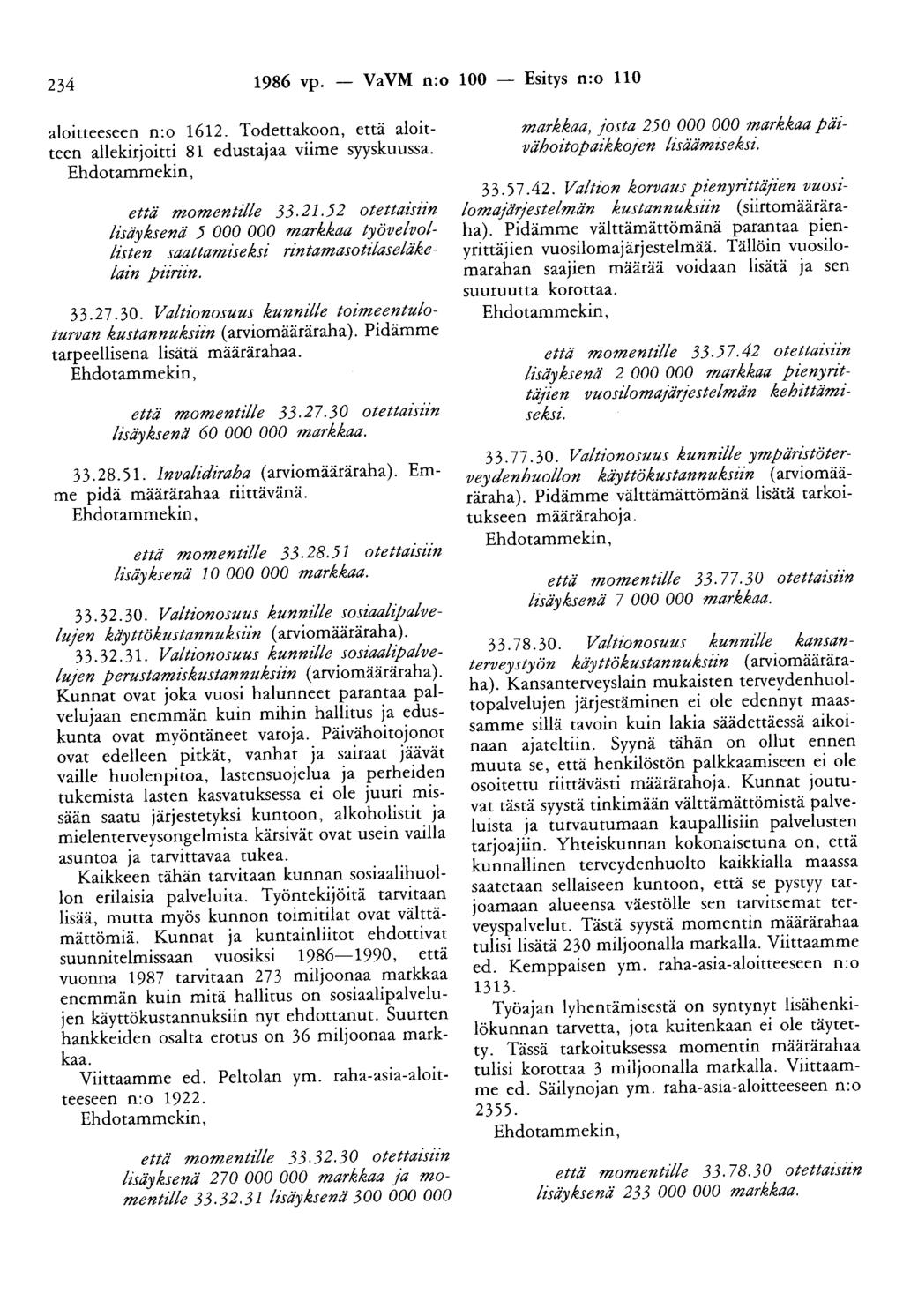 234 1986 vp. - VaVM n:o 100 - Esitys n:o 110 aloitteeseen n:o 1612. Todettakoon, että aloitteen allekirjoitti 81 edustajaa viime syyskuussa. Ehdotammekin, että momentzlle 33.21.