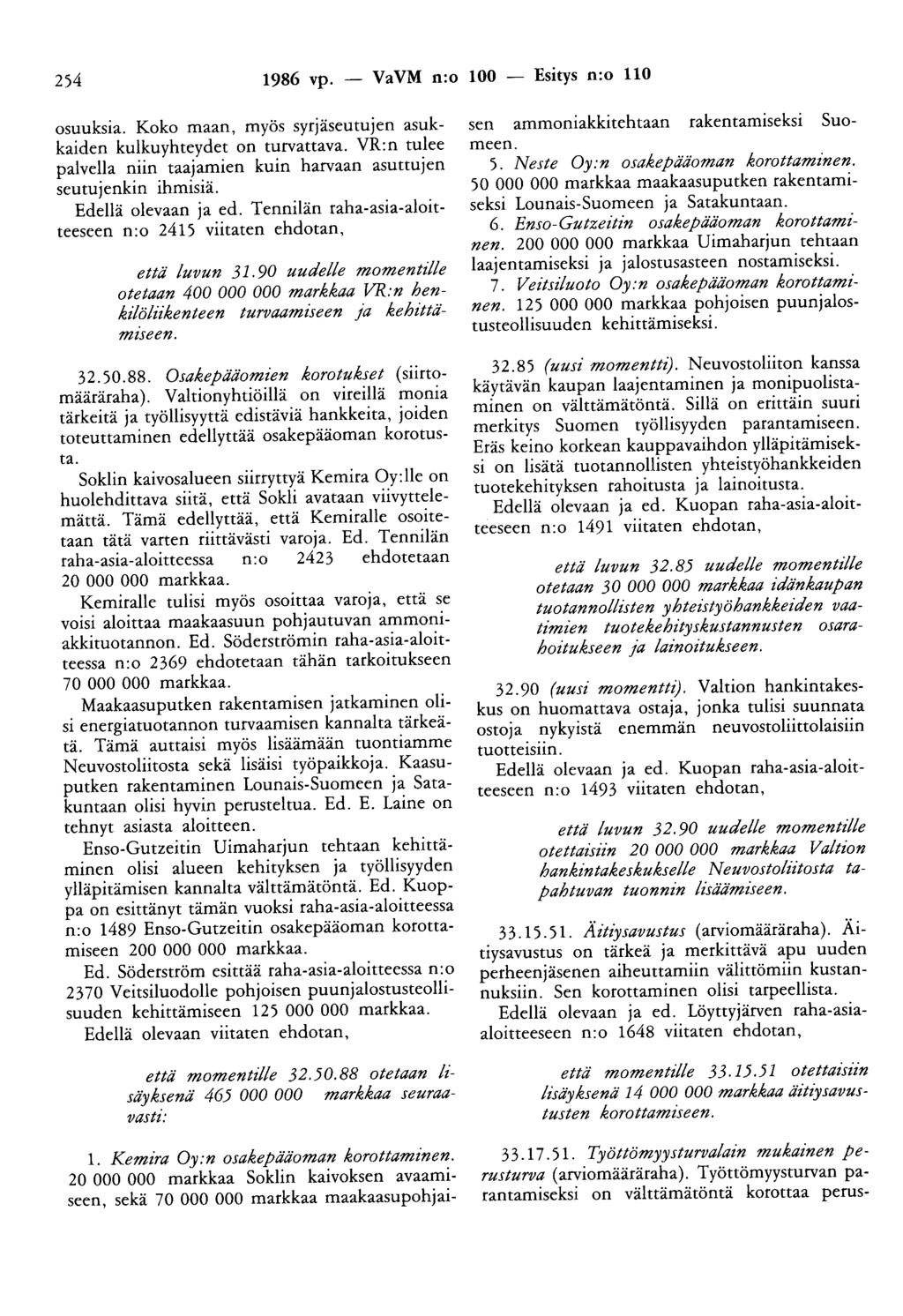 254 1986 vp. - Va VM n:o 100 - Esitys n:o 110 osuuksia. Koko maan, myös syrjäseutujen asukkaiden kulkuyhteydet on turvattava.