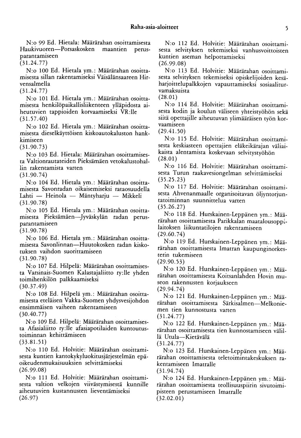 Raha-asia-aloitteet 5 N:o 99 Ed. Hietala: Määrärahan osoittamisesta Haukivuoren-Porsaskosken maantien perusparantamtseen N:o 100 Ed. Hietala ym.