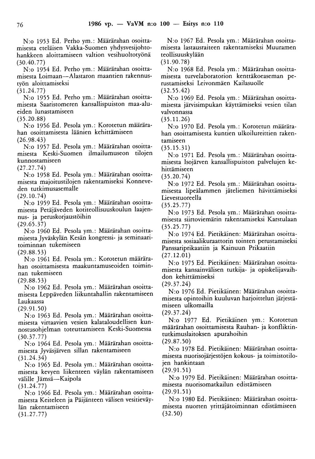 76 1986 vp. - VaVM n:o 100 - Esitys n:o 110 N:o 1953 Ed. Perho ym.: Määrärahan osoittamisesta eteläisen Vakka-Suomen yhdysvesijohtohankkeen aloittamiseen valtion vesihuoltotyönä (30.40.