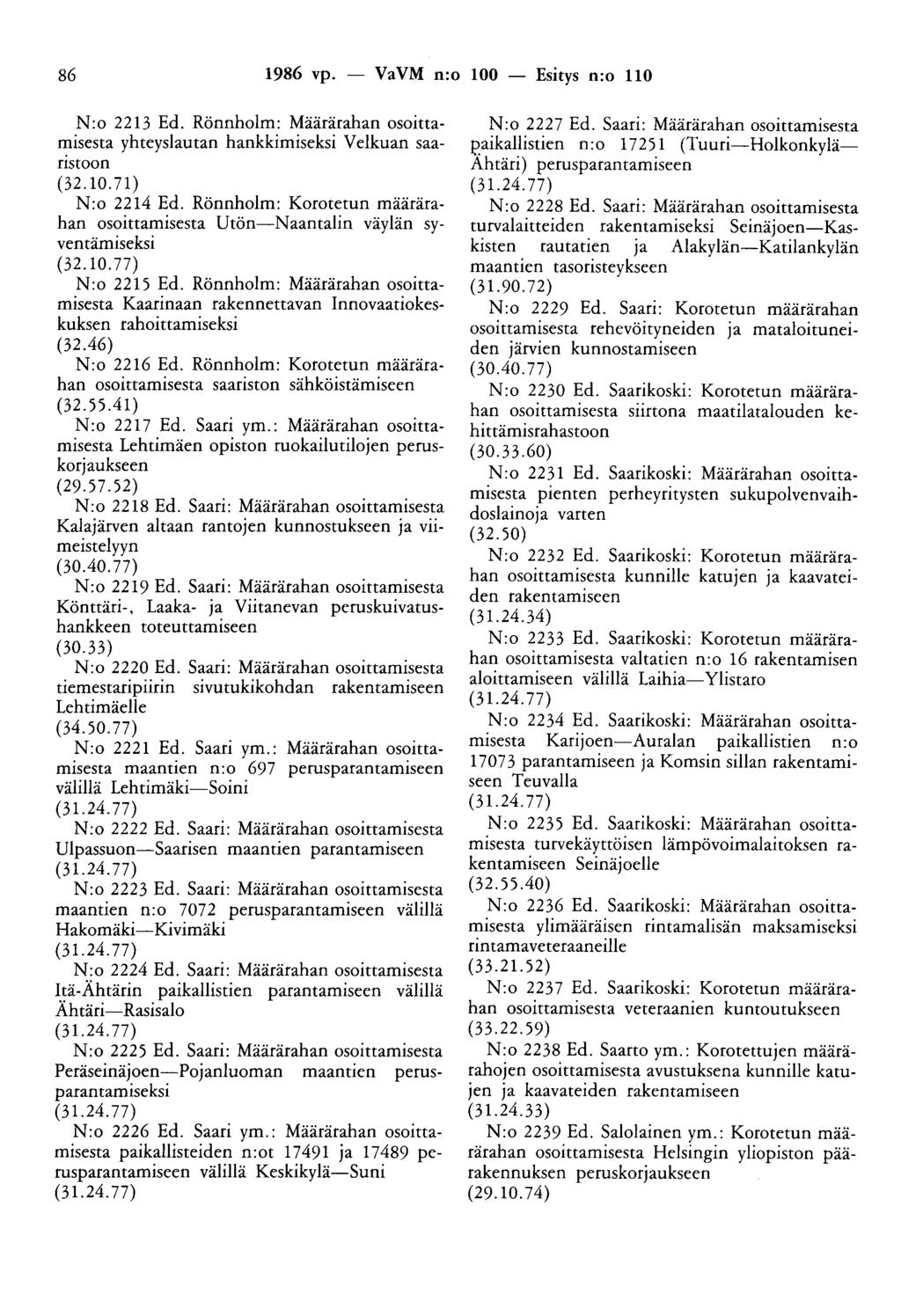 86 1986 vp. - VaVM n:o 100 - Esitys n:o 110 N:o 2213 Ed. Rönnholm: Määrärahan osoittamisesta yhteyslautan hankkimiseksi Velkuan saaristoon (32.10.71) N:o 2214 Ed.