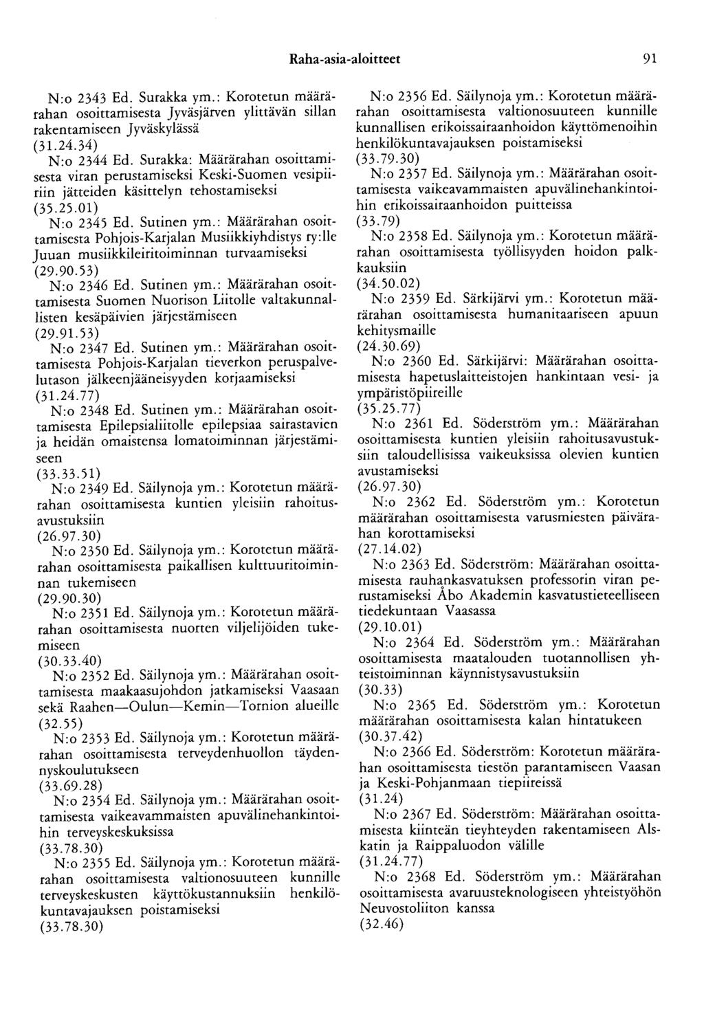 Raha-asia-aloitteet 91 N:o 2343 Ed. Surakka ym.: Korotetun määrärahan osoittamisesta Jyväsjärven ylittävän sillan rakentamiseen ] yväskylässä (31.24.34) N:o 2344 Ed.