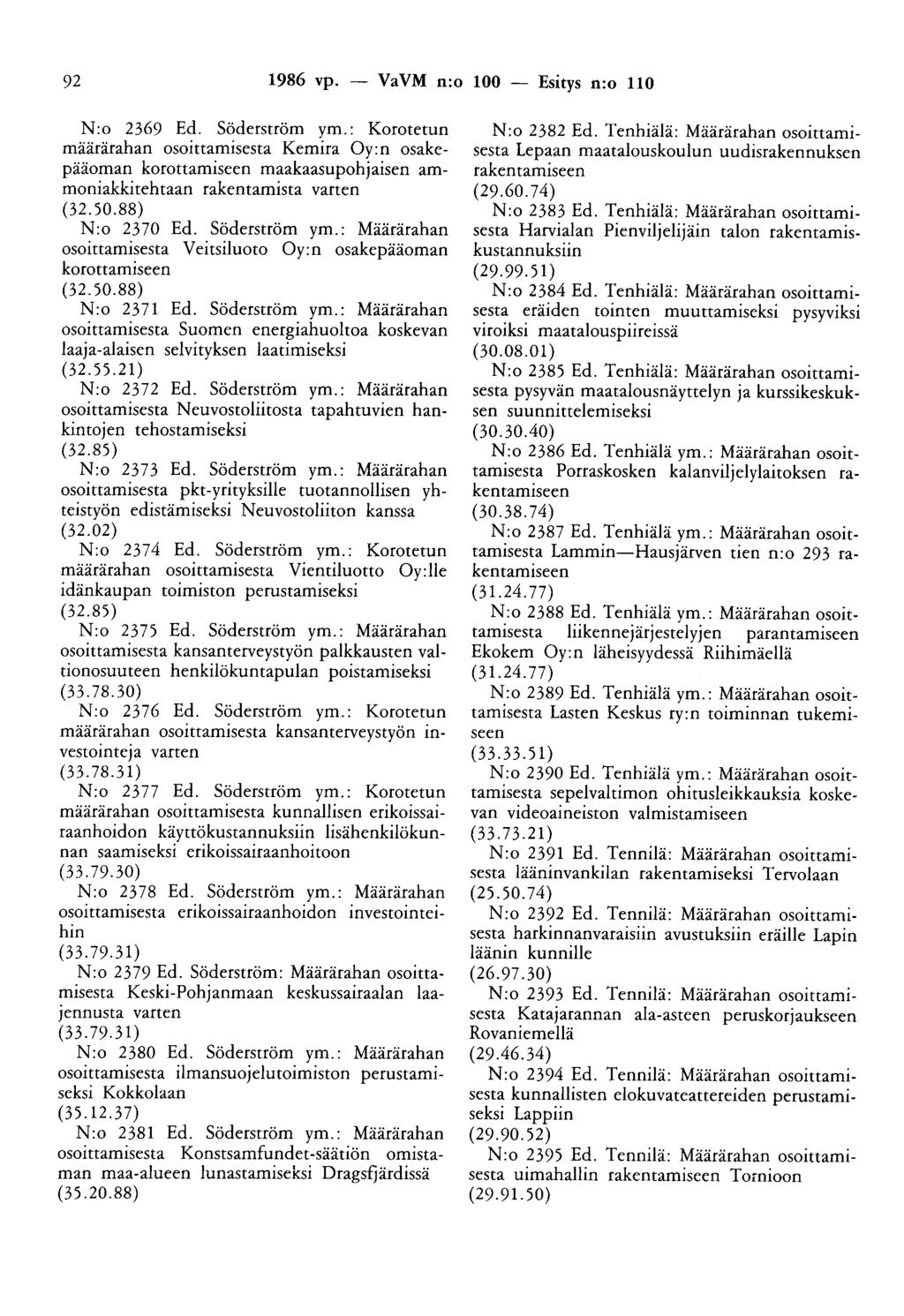 92 1986 vp. - VaVM n:o 100 - Esitys n:o 110 N:o 2369 Ed. Söderström ym.