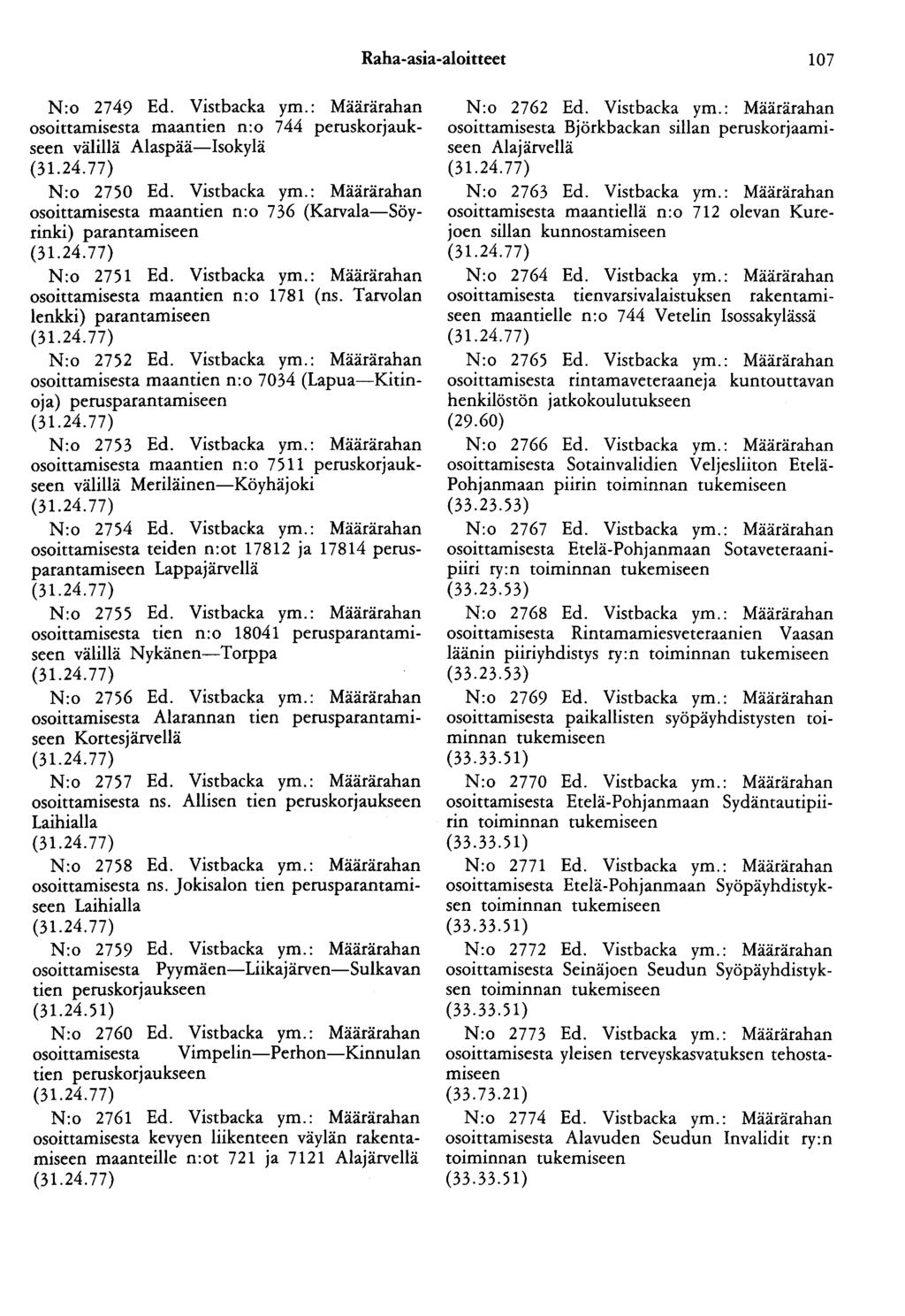 Raha-asia-aloitteet 107 N:o 2749 Ed. Vistbacka ym.: Määrärahan osoittamisesta maantien n:o 744 peruskorjaukseen välillä Alaspää-Isokylä N:o 2750 Ed. Vistbacka ym.: Määrärahan osoittamisesta maantien n:o 736 (Karvala-Söyrinki) parantamiseen N:o 2751 Ed.