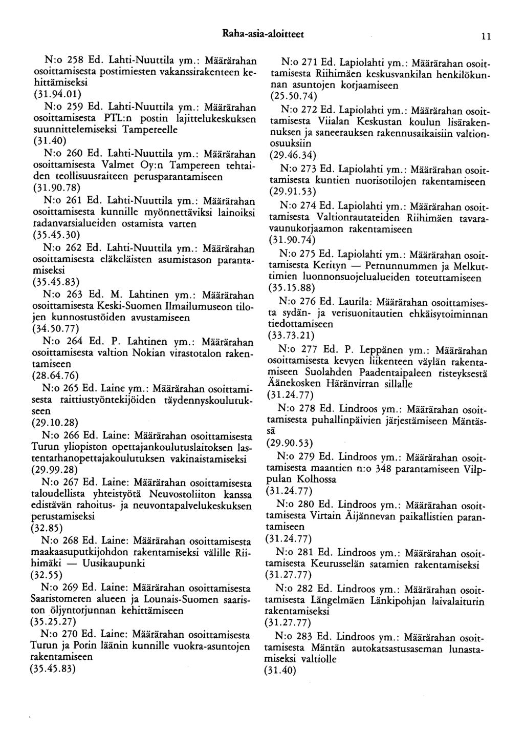 Raha -asia-aloitteet 11 N:o 258 Ed. Lahti-Nuuttila ym.: Määrärahan osoittamisesta postimiesten vakanssirakenteen kehittämiseksi (31.94.01) N:o 259 Ed. Lahti-Nuuttila ym.: Määrärahan osoittamisesta PTL:n postin lajittelukeskuksen suunnittelemiseksi Tampereelle (31.