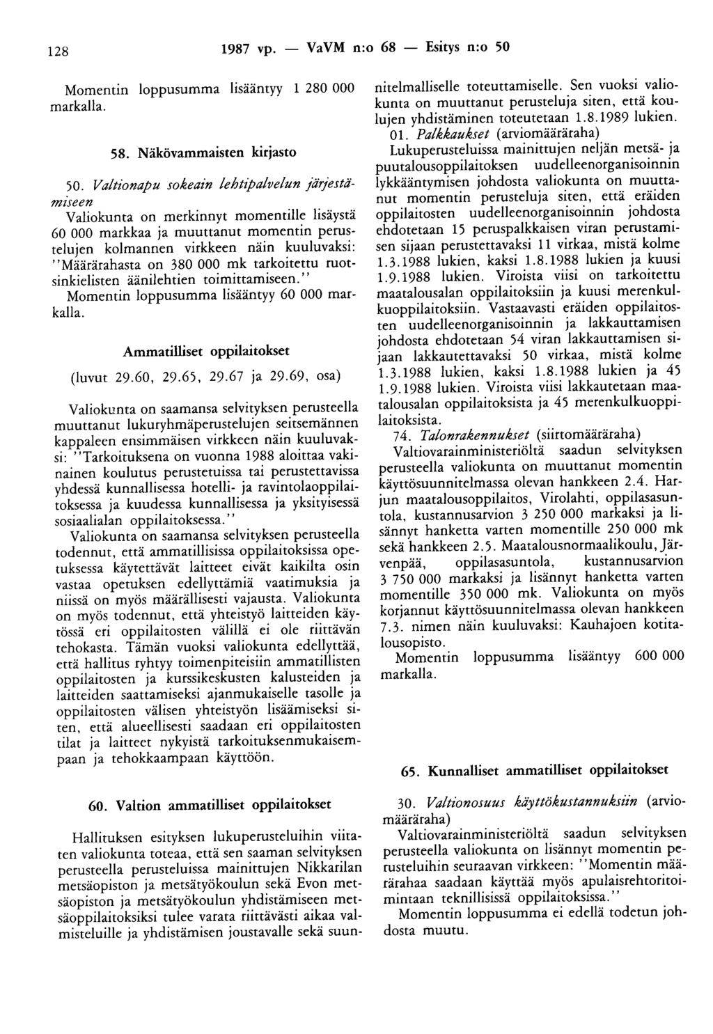 128 1987 vp. - VaVM n:o 68 - Esitys n:o 50 Momentin loppusumma lisääntyy 1 280 000 markalla. 58. Näkövammaisten kirjasto 50.