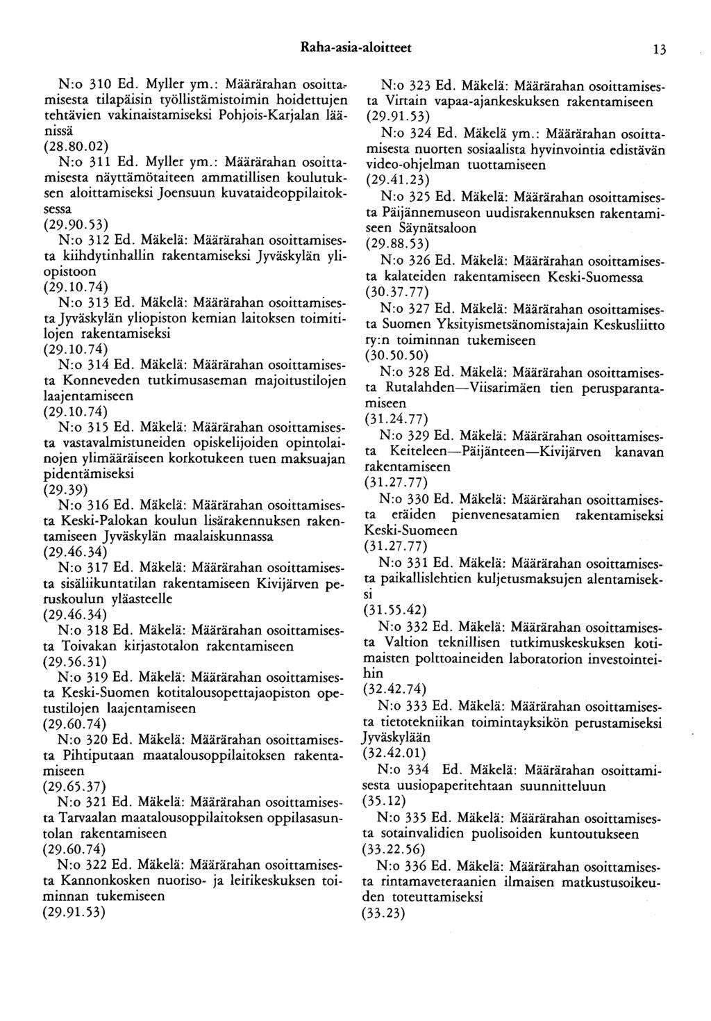 Raha-asia-aloitteet 13 N:o 310 Ed. Myller ym.: Määrärahan osoitta. misesta tilapäisin työllistämistoimin hoidettujen tehtävien vakinaistamiseksi Pohjois-Karjalan läänissä (28.80.02) N:o 311 Ed.