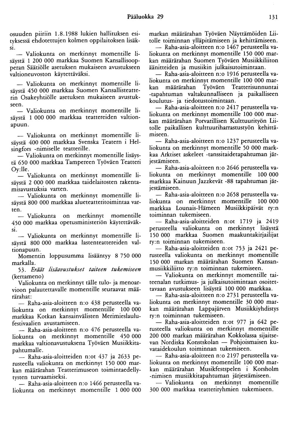 Pääluokka 29 131 osuuden piiriin 1.8.1988 lukien hallituksen esityksessä ehdotettujen kolmen oppilaitoksen lisäk SI.